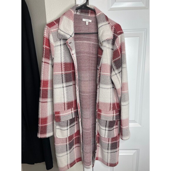 Maurices Sweaters - Maurices Plaid Academia Style Long Jacket Coat Red Ivory Open Front M